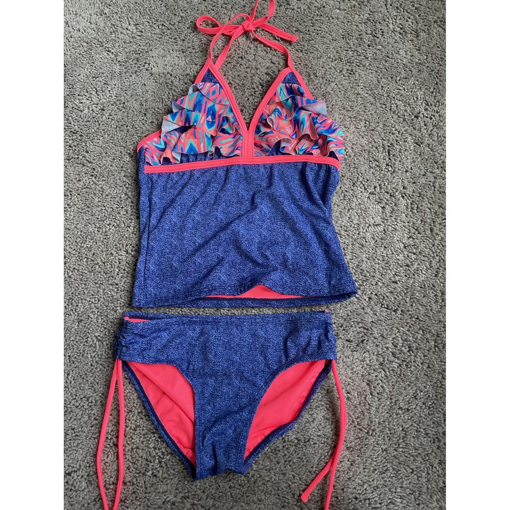 Justice Girls Blue Pink Geometric Ruffle Tankini Two Piece Swimsuit Size 10